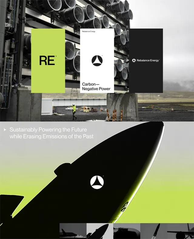 Rebalance Energy brand campaign with industrial photography, minimal, corporate-clean, dark