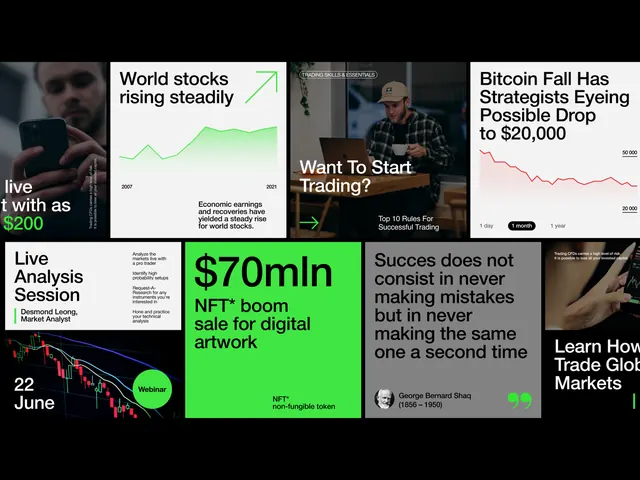 Fintech video thumbnail grid montage, maximalist, data-dense, dark
