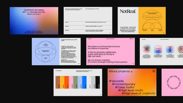 Portfolio grid with colored accent blocks and typography hierarchy, minimal, corporate-clean, light