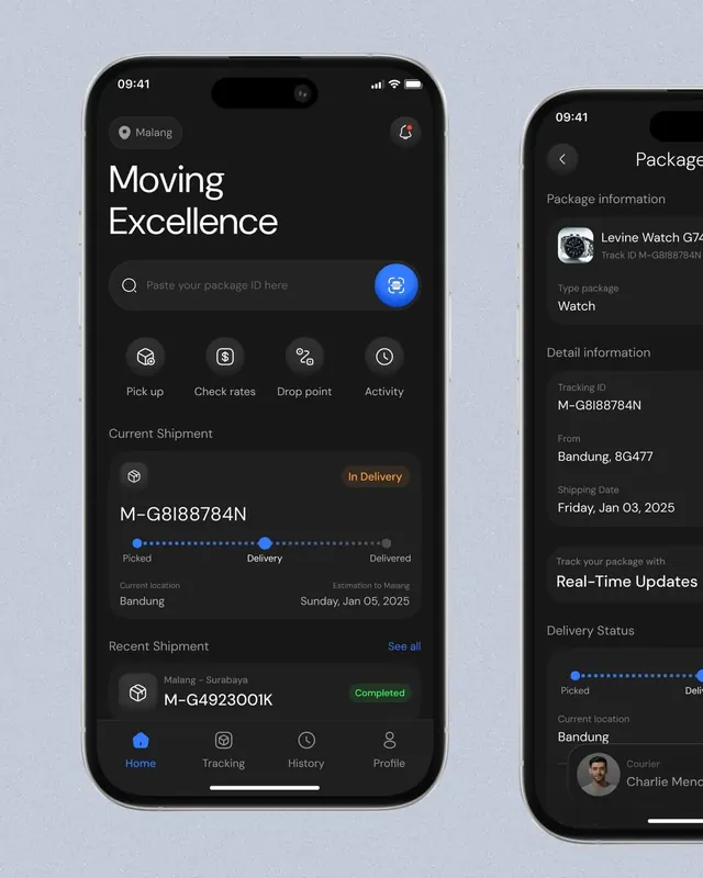 Logistics app dark UI with tracking and package details, dark-mode, minimal, dark