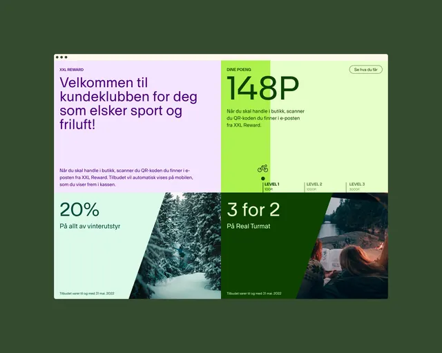 Retail loyalty card grid with forest green and lime accent blocks, dark-mode, minimal, dark