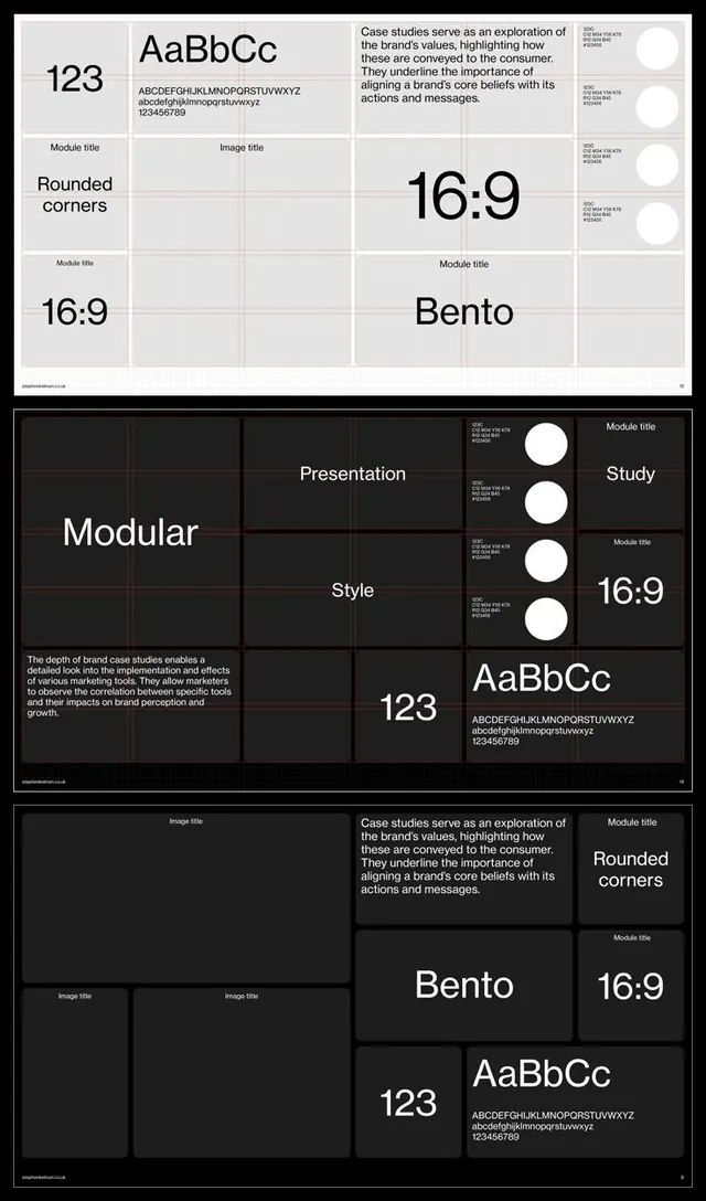 Modular brand guidelines layout, light and dark themes, minimal, technical, light