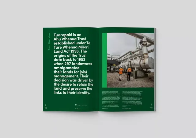 Forest green split report spread with documentary photography, editorial, corporate-clean, dark