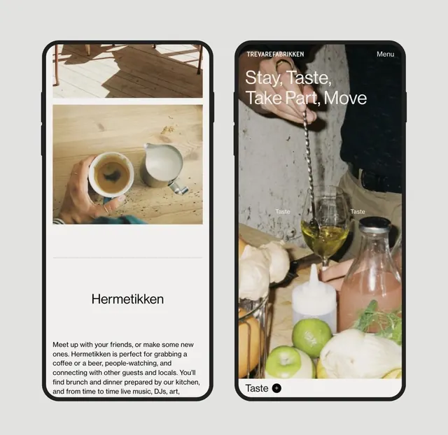 Two-screen mobile app mockup for restaurant, minimal, organic, light