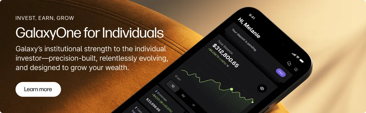 GalaxyOne fintech app mockup on textured background, minimal, corporate-clean, dark