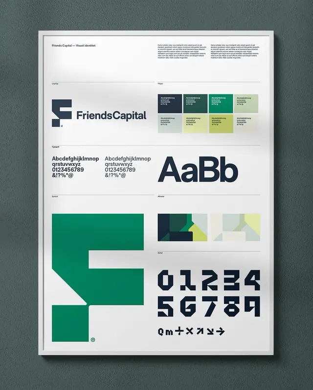 Friends Capital brand identity system sheet, corporate-clean, minimal, light