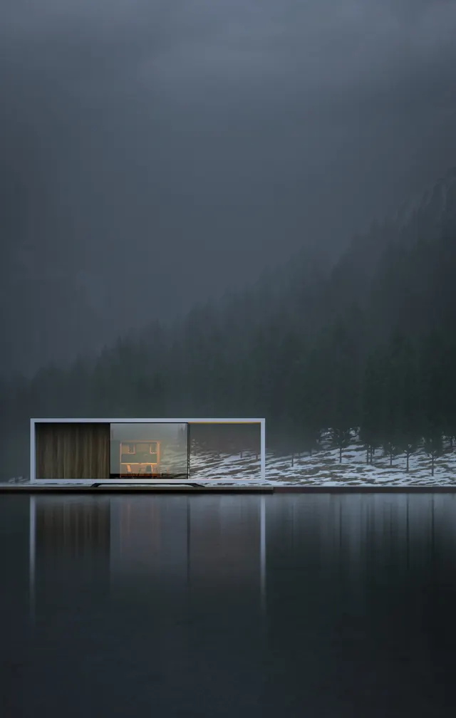 Minimal cabin on foggy lakeside with snow, minimal, 3d-render, cool