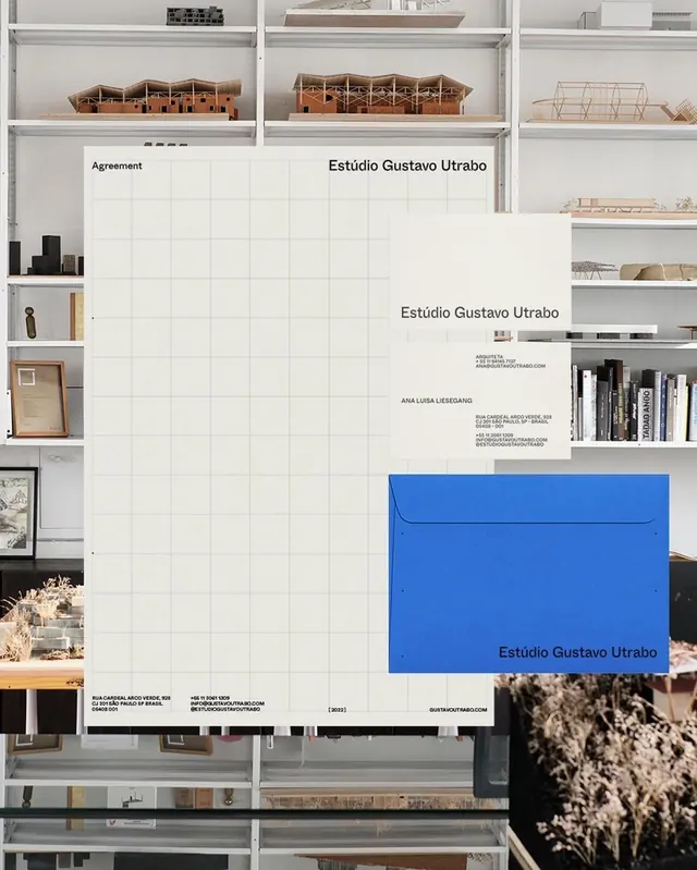 Design studio identity system with architectural models, minimal, corporate-clean, light