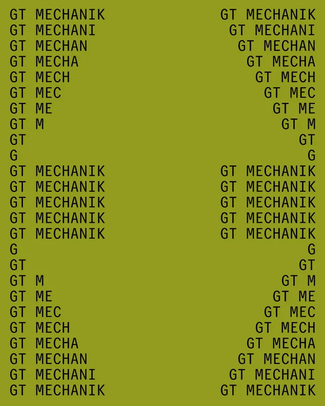 Typography study with progressive text reduction, minimal, technical, vibrant