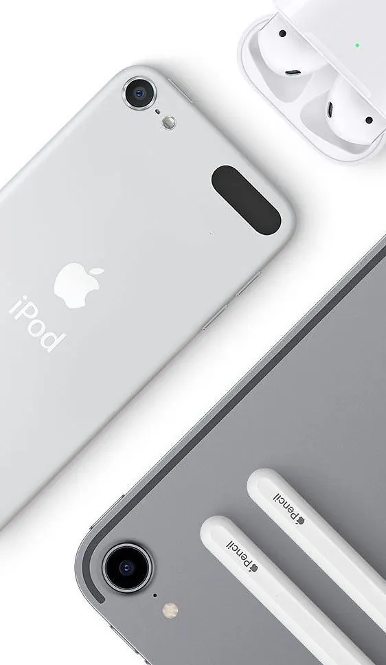 High-key product arrangement with Apple devices, minimal, photographic, light