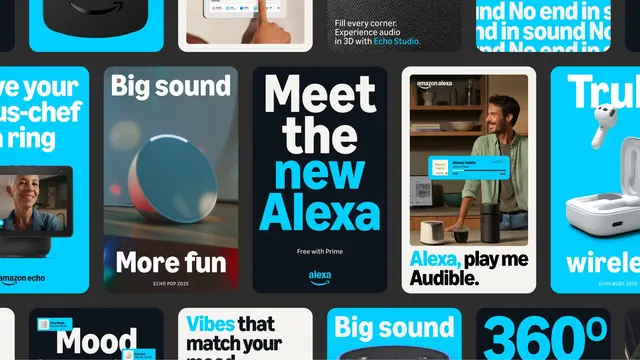 Amazon Alexa product grid with cyan accent typography, minimal, technical, dark