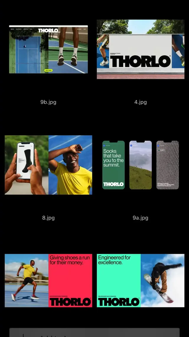 Thorlo athletic brand collage, dark-mode, playful, dark