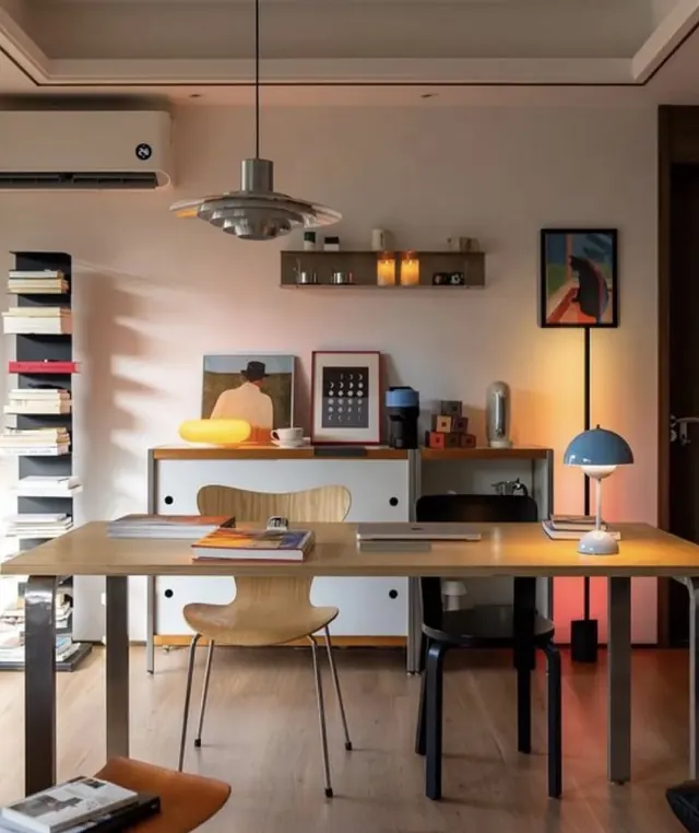 Warm-toned home office with material layering, photographic, minimal, warm