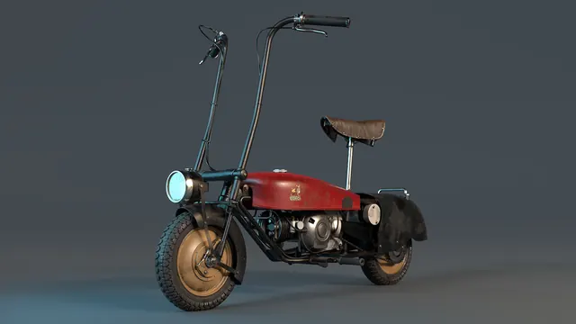 Vintage-style toy motorcycle with brown accents, 3d-render, retro, warm