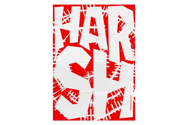 Abstract typographic collage with red and white text fragments, abstract, experimental, high-contrast