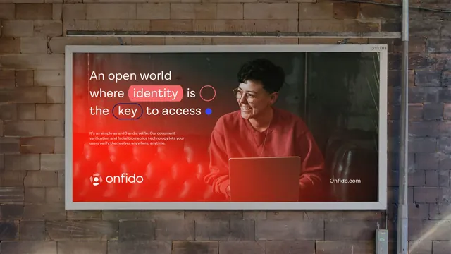 Onfido identity verification billboard with portrait, corporate-clean, photographic, warm