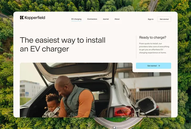 EV charger landing page, hero with lifestyle photography, minimal, photographic, light