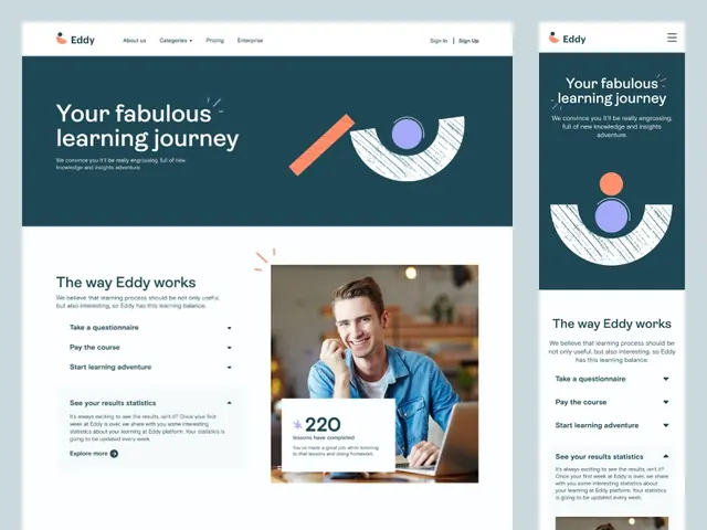 Edtech onboarding layout with teal header and circular steps, corporate-clean, minimal, dark