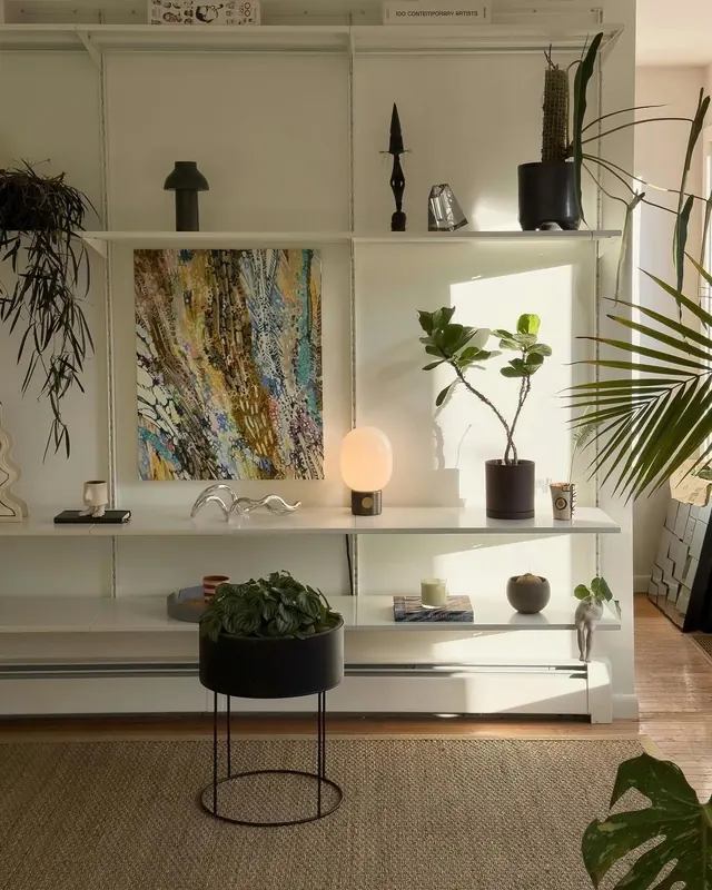 Minimalist home shelf with plants and ceramics, minimal, organic, muted