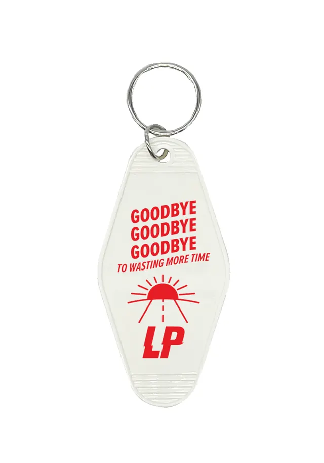 Motel key tag with typographic urgency, minimal, playful, light