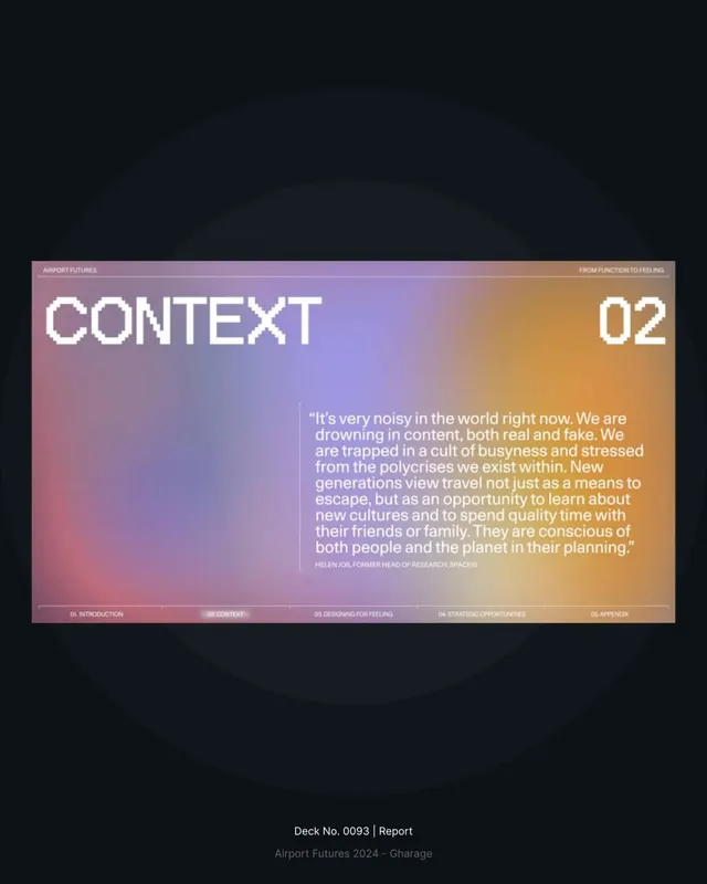 Airport Futures context slide with gradient and quoted insight, dark-mode, gradient-heavy, dark