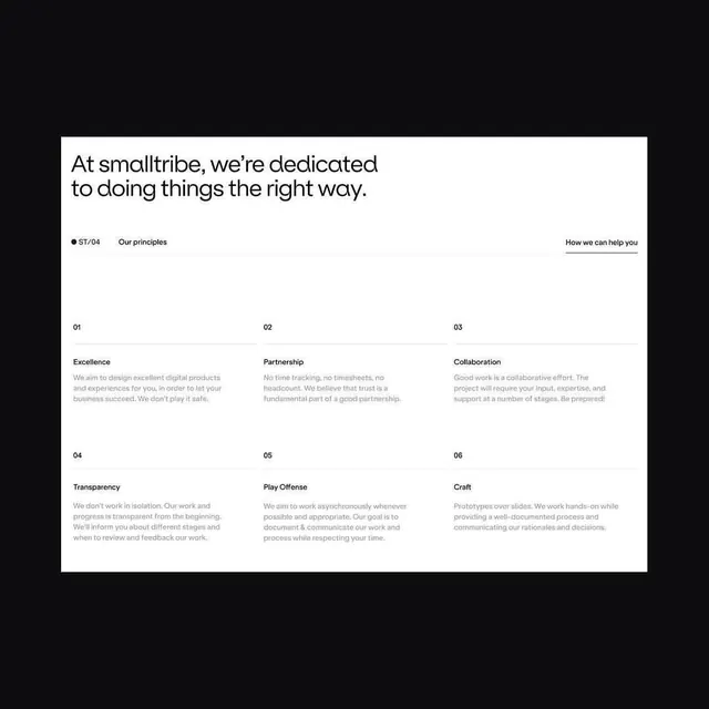 Numbered principles layout, monochrome, minimal, corporate-clean, dark