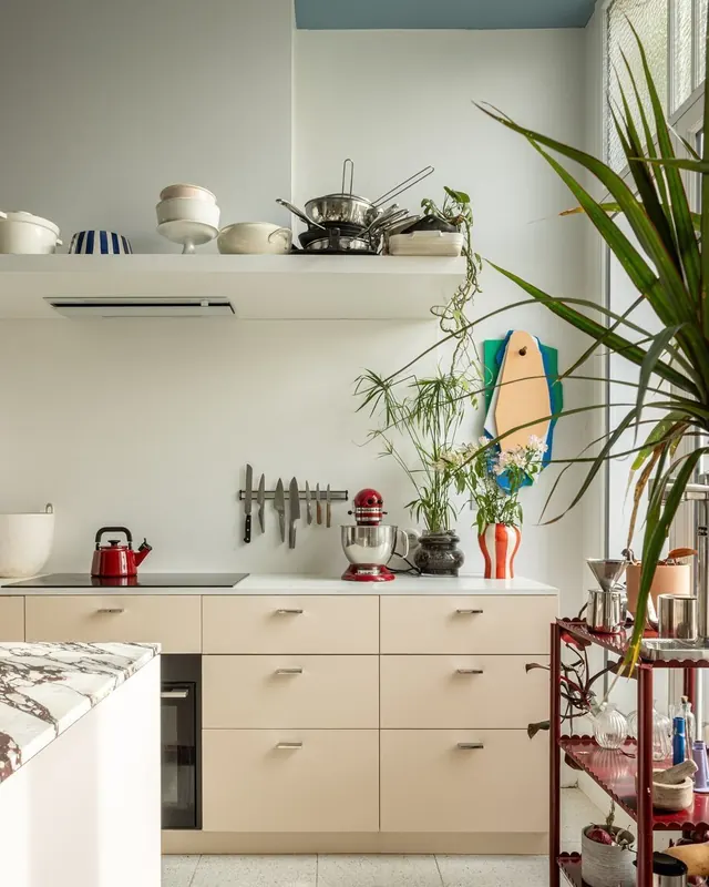 Minimalist kitchen shelf styling with plants and cookware, minimal, organic, warm