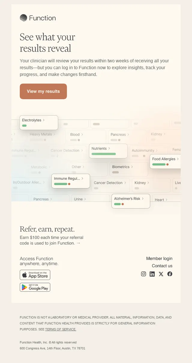 Function Health app results dashboard, minimal, light-mode, light