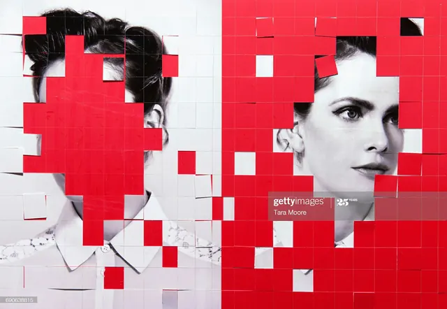 Pixelated portrait mosaic with red geometric overlay, photographic, geometric, neon