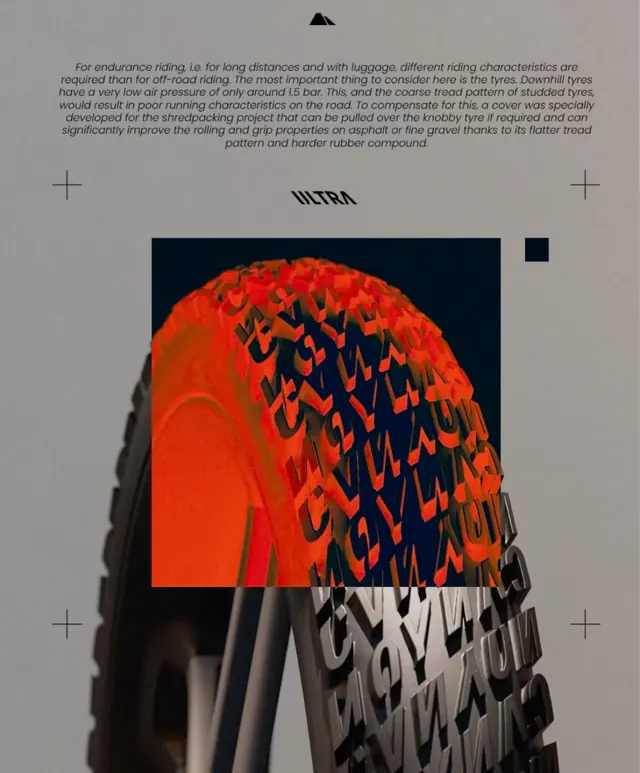 ULTRA tire tread product close-up with geometric overlay, technical, minimal, dark