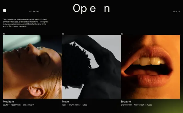 Open portfolio layout with beauty photography grid, minimal, photographic, dark