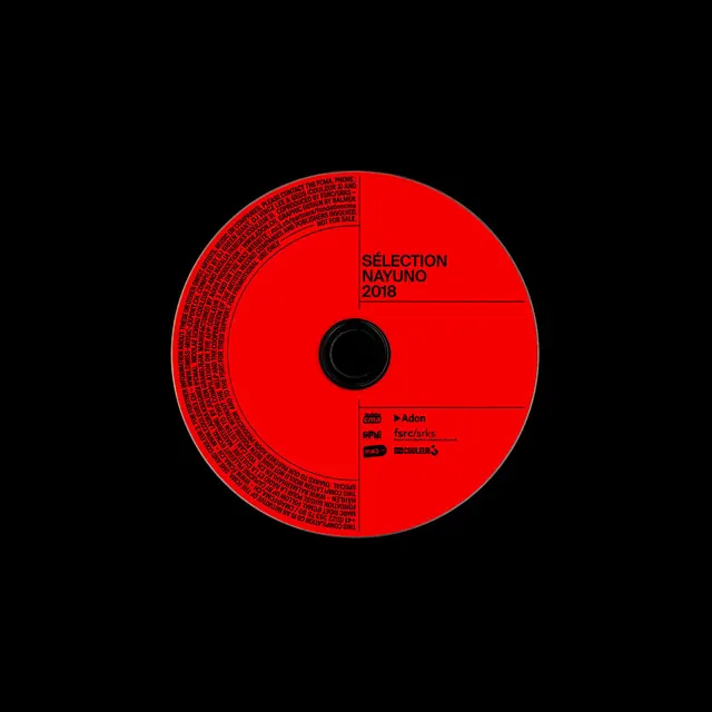Red circular disc graphic with dense text spiral and track credits, technical, data-dense, vibrant