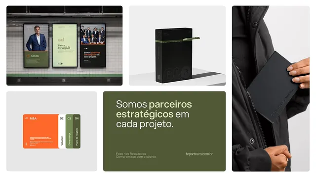 Corporate collage with dark green, black, and accent shapes, corporate-clean, boxed, dark