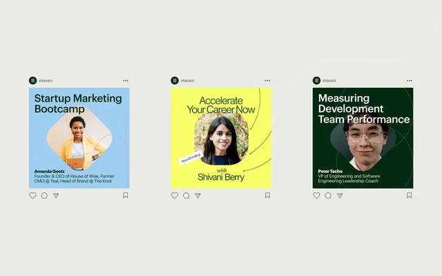 LinkedIn carousel cards with profile portraits, flat, vibrant