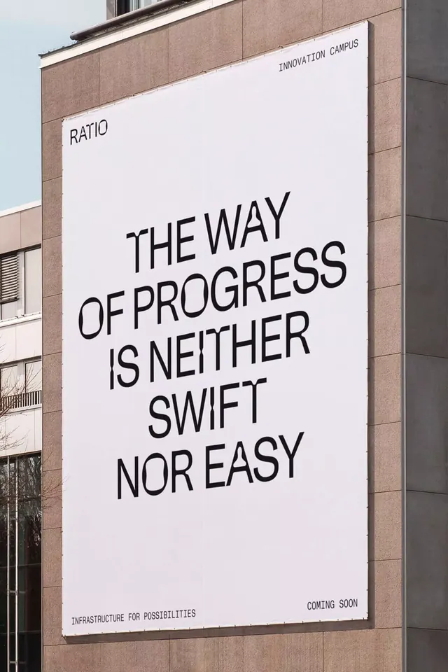 Swiss-style architectural signage with large-scale philosophical quote, swiss, minimal, light