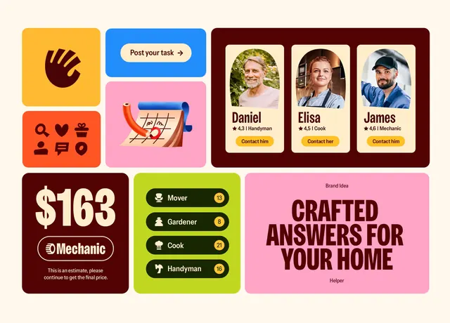 Service marketplace card grid with color blocks, flat, minimal, warm