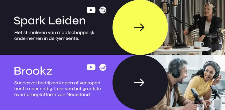 Spark Leiden and Brookz dual-service platform hero, minimal, corporate-clean, dark