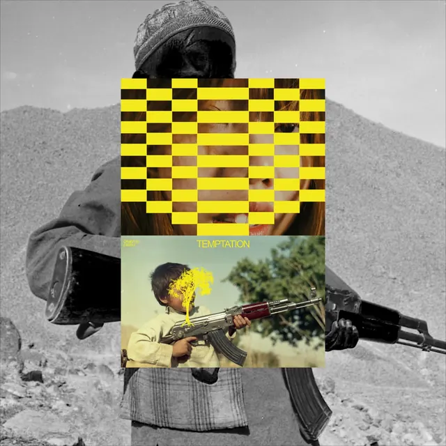 Pixelated grid overlay on photographic collage, editorial, brutalist, dark