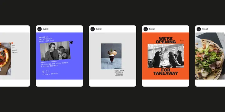 Minimalist card-grid restaurant branding system, minimal, light