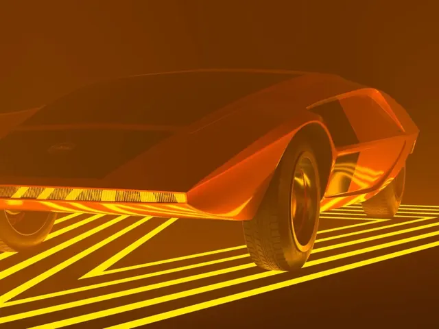 3D rendered sports car with neon lines, 3d-render, gradient-heavy, warm