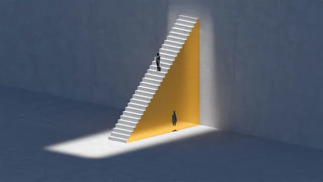 3D abstract architectural scene with figures and stairs, 3d-render, minimalist, cool