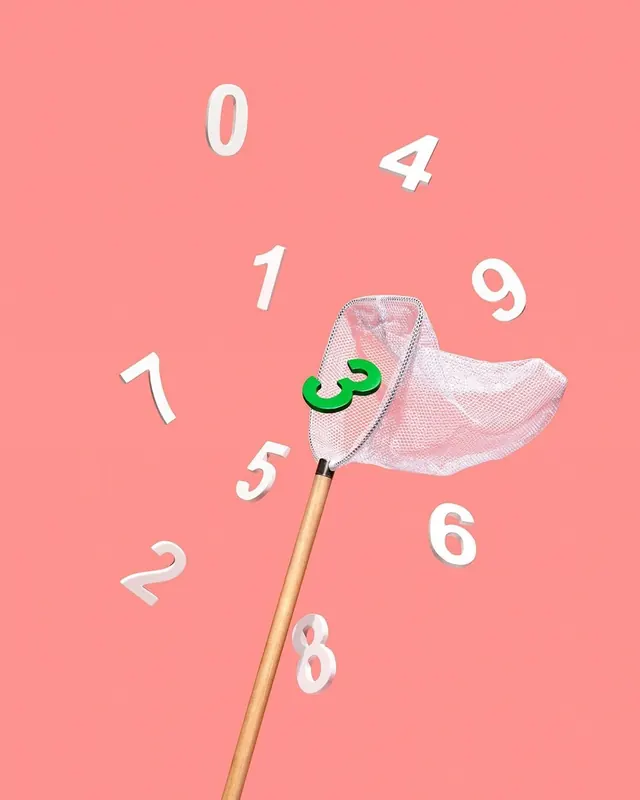 Butterfly net with scattered numbers on coral background, playful, flat, vibrant