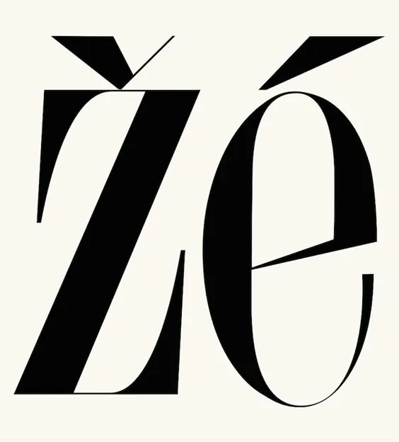 Stylized typeface "Ze" with geometric flourishes, bold, geometric, monochrome