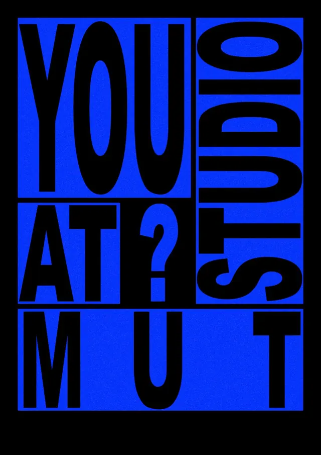 Bold blue and black graphic with text "YOU AT US OUT, bold, graphic, vibrant