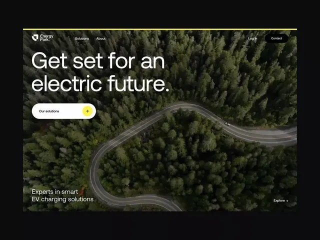 Dark hero with aerial forest road and EV charging CTA, dark-mode, minimal, dark