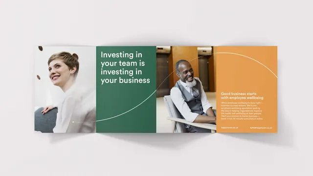 Employee wellness three-panel layout, corporate-clean, minimal, light