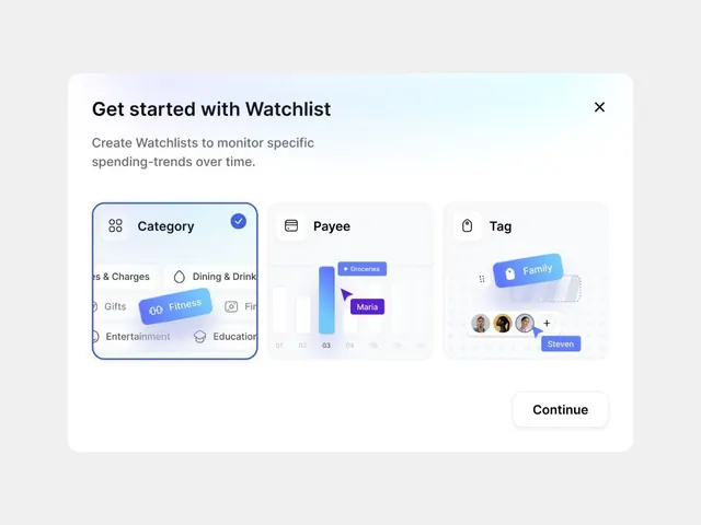 Minimalist onboarding modal with tabbed category selection, minimal, light-mode, light