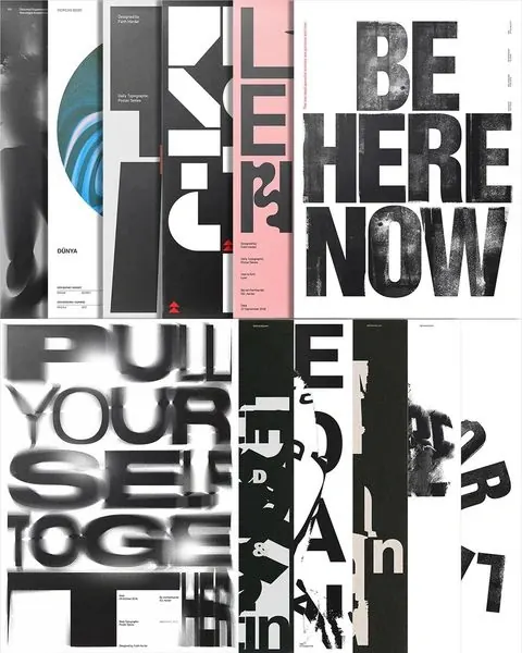 Contemporary design collage with bold typography, swiss, minimal, dark