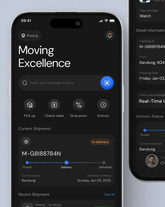 Dark logistics app with blue action button, dark-mode, minimal, dark