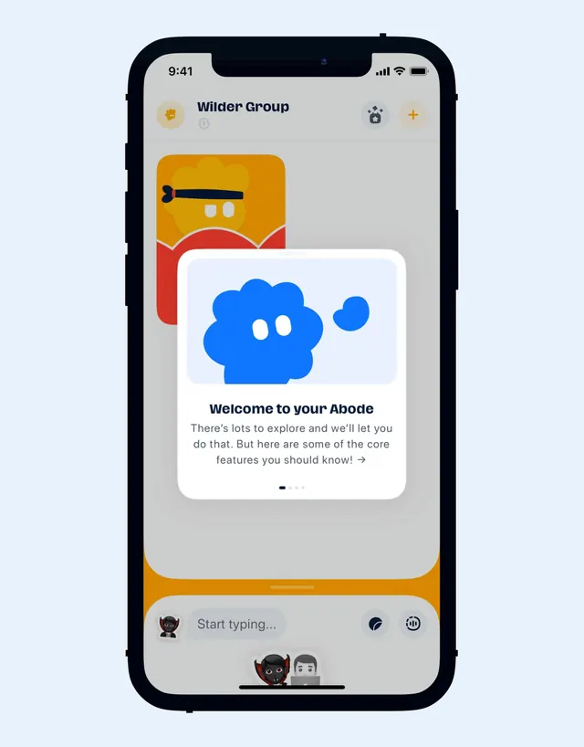 Mobile onboarding with playful mascots and organic shapes, flat, minimal, light